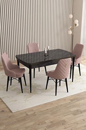 Rovena Almira Siyah Mermer 70x114 Açılabilir Mdf Mutfak Masası Takımı 4 Adet Sandalye
