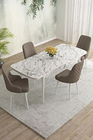 Rovena Blanca Beyaz Mermer 80x132 Açılabilir Mdf Mutfak Masası Takımı 4 Adet Sandalye