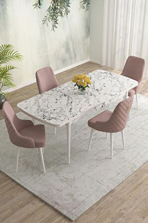 Rovena Blanca Beyaz Mermer 80x132 Açılabilir Mdf Mutfak Masası Takımı 4 Adet Sandalye