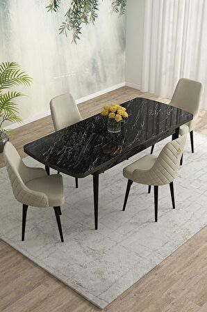 Rovena Blanca Siyah Mermer 80x132 Açılabilir Mdf Mutfak Masası Takımı 4 Adet Sandalye