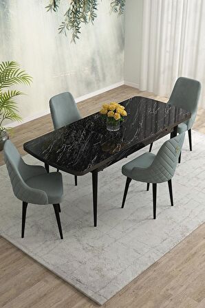 Rovena Blanca Siyah Mermer 80x132 Açılabilir Mdf Mutfak Masası Takımı 4 Adet Sandalye