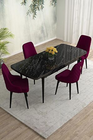 Rovena Blanca Siyah Mermer 80x132 Açılabilir Mdf Mutfak Masası Takımı 4 Adet Sandalye