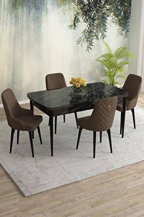 Rovena Blanca Siyah Mermer 80x132 Açılabilir Mdf Mutfak Masası Takımı 4 Adet Sandalye