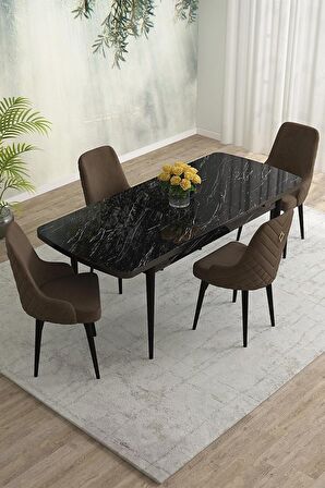 Rovena Blanca Siyah Mermer 80x132 Açılabilir Mdf Mutfak Masası Takımı 4 Adet Sandalye