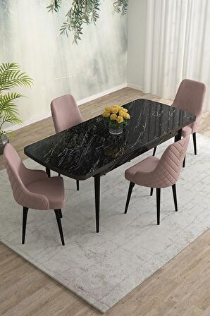 Rovena Blanca Siyah Mermer 80x132 Açılabilir Mdf Mutfak Masası Takımı 4 Adet Sandalye