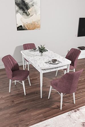 Rovena Mary Beyaz Mermer 70x114 Açılabilir Mdf Mutfak Masası Takımı 4 Adet Sandalye