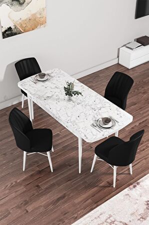 Rovena Mary Beyaz Mermer 70x114 Açılabilir Mdf Mutfak Masası Takımı 4 Adet Sandalye