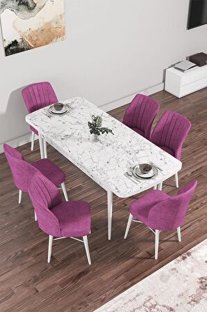 Rovena Mary Beyaz Mermer 70x114 Açılabilir Mdf Mutfak Masası Takımı 6 Adet Sandalye