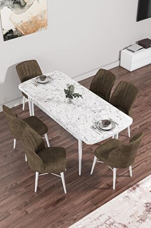 Rovena Mary Beyaz Mermer 70x114 Açılabilir Mdf Mutfak Masası Takımı 6 Adet Sandalye