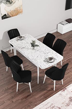 Rovena Mary Beyaz Mermer 70x114 Açılabilir Mdf Mutfak Masası Takımı 6 Adet Sandalye