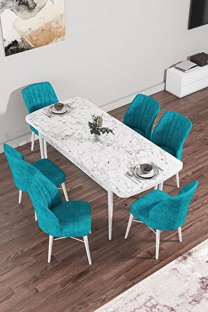 Rovena Mary Beyaz Mermer 70x114 Açılabilir Mdf Mutfak Masası Takımı 6 Adet Sandalye