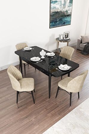 Rovena Mary Siyah Mermer 70x114 Açılabilir Mdf Mutfak Masası Takımı 4 Adet Sandalye