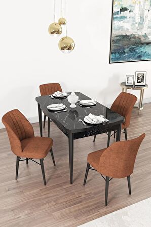 Rovena Mary Siyah Mermer 70x114 Açılabilir Mdf Mutfak Masası Takımı 4 Adet Sandalye