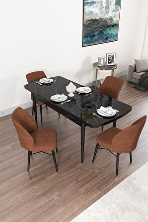 Rovena Mary Siyah Mermer 70x114 Açılabilir Mdf Mutfak Masası Takımı 4 Adet Sandalye