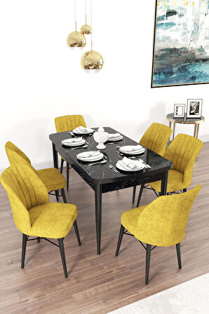 Rovena Mary Siyah Mermer 70x114 Açılabilir Mdf Mutfak Masası Takımı 6 Adet Sandalye