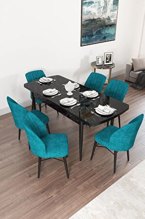 Rovena Mary Siyah Mermer 70x114 Açılabilir Mdf Mutfak Masası Takımı 6 Adet Sandalye