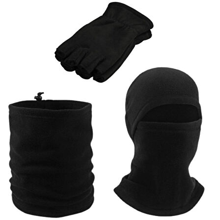 Unisex Siyah Kışlık Parmaksız Kesik Polar Eldiven - İpli Polar Boyunluk - Polar Kar Maskesi 3'lü Set