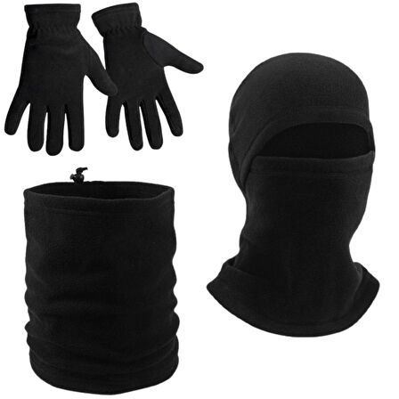 Erkek Siyah Kışlık Termal Polar Eldiven Ipli Polar Boyunluk Polar Kar Maskesi 3'lü Set