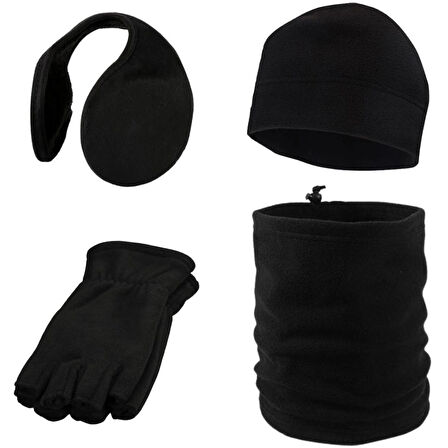 Unisex Siyah Kışlık Polar Parmaksız Eldiven - Bere - İpli Boyunluk - Ense Tipi Kulaklık 4'lü Set