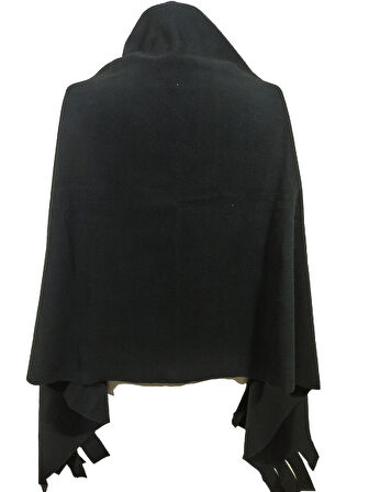 Siyah Kışlık Püskül Detaylı Polar Şal Omuz Şalı Shoulder Shawl