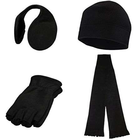 Unisex Siyah Kışlık Parmaksız Polar Eldiven - Polar Bere - Polar Atkı - Ense Tipi Kulaklık 4'lü Set