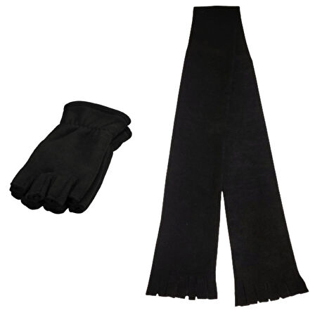 Unisex Siyah Parmaksız Kesik Yarım Parmak Termal Kışlık Polar Eldiven - Polar Atkı 2'li Set