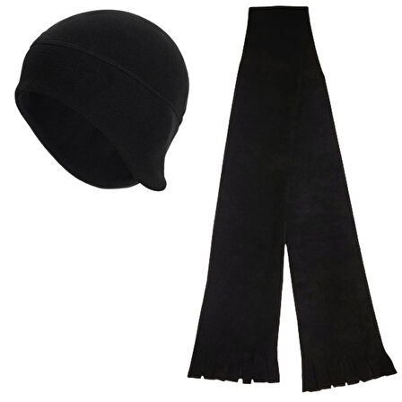 Unisex Siyah Kışlık Termal Kulaklıklı Polar Bere - Polar Atkı 2'li Set