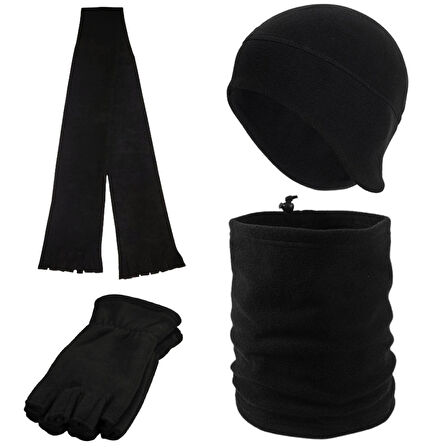 Unisex Siyah Kışlık Parmaksız Polar Eldiven Polar Kulaklıklı Bere Polar Atkı Polar Boyunluk 4'lü Set