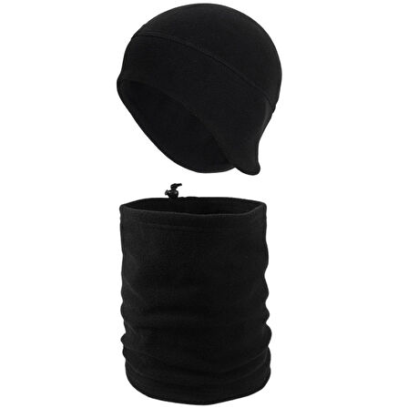 Siyah Kışlık Termal Polar Kulaklıklı Bere - Ipli Polar Boyunluk 2'li Set Winter Set