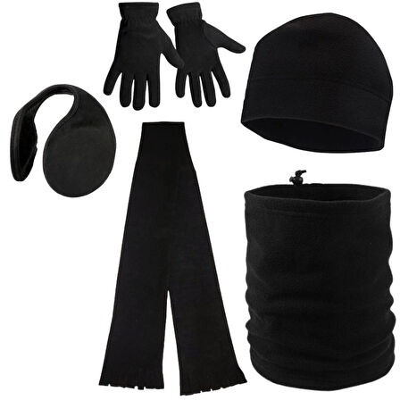 Erkek Siyah Kışlık Polar Eldiven - Polar Bere - Polar Boyunluk - Kulaklık - Atkı 5li Set