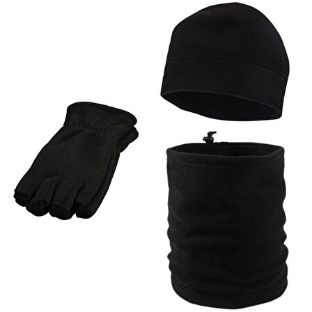 Unisex Siyah Kışlık Termal Parmaksız Kesik Polar Eldiven - Polar Bere - Polar İpli Boyunluk 3lü Set