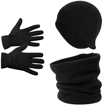 Erkek Siyah Kışlık Termal Polar Eldiven - Kulaklıklı Polar Bere - İpli Polar Boyunluk 3lü Kışlık Set