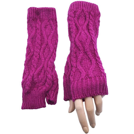 Kadın Kışlık Fuşya Uzun Yumuşak Dokulu Triko Örme Parmaksız Eldiven Winter Fingerless Gloves