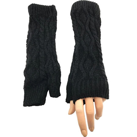 Kadın Kışlık Siyah Uzun Yumuşak Dokulu Triko Örme Parmaksız Eldiven Winter Fingerless Gloves