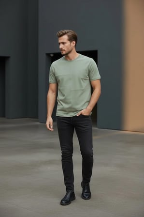 Erkek Yeşil Oversize Bisiklet Yaka Normal ve Battal Beden T-Shirt - 172