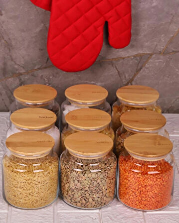 Zone - 9'lu Cam Saklama Kabı 600ml Vakumlu Bambu Kapaklı