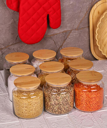 Zone - 9'lu Cam Saklama Kabı 600ml Vakumlu Bambu Kapaklı