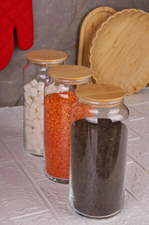 Zone - 3'lü Cam Saklama Kabı 1300ml Vakumlu Bambu Kapaklı