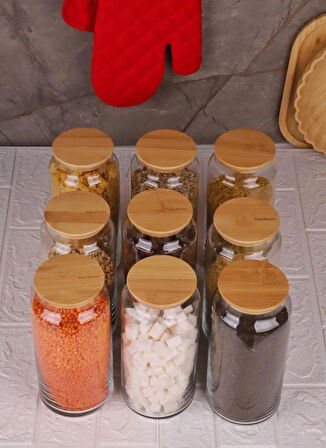 Zone - 9'lu Cam Saklama Kabı 1300ml Vakumlu Bambu Kapaklı