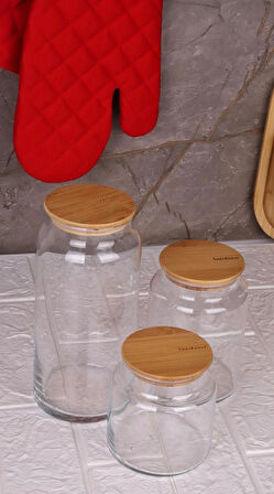 Zone - 3'lü Cam Saklama Kabı 600ml-800ml-1300ml Vakumlu Bambu Kapaklı