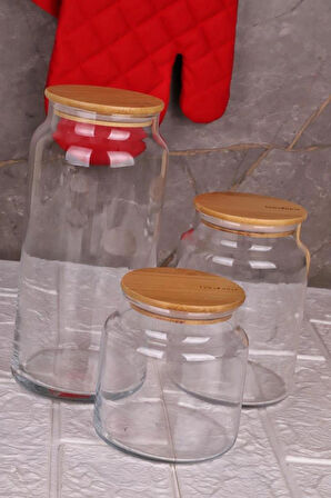 Zone - 3'lü Cam Saklama Kabı 600ml-800ml-1300ml Vakumlu Bambu Kapaklı
