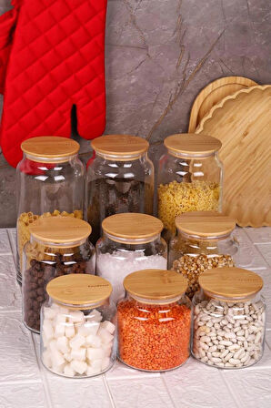 Zone - 9'lu Cam Saklama Kabı 600ml-800ml-1300ml Vakumlu Bambu Kapaklı