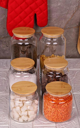 Zone - 6'lı Cam Saklama Kabı 600ml-800ml-1300ml Vakumlu Bambu Kapaklı