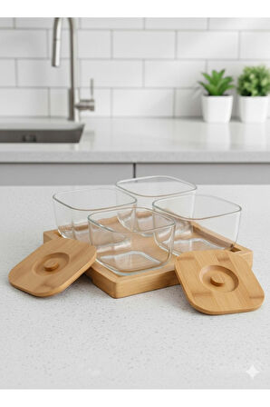 Naturel Bambu & Cam 9 Parça Kare Kahvaltılık Seti