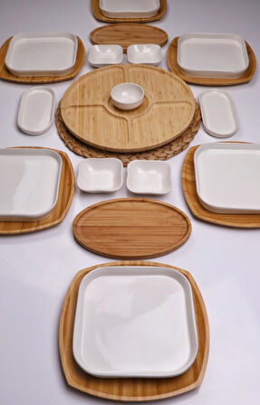 Atbyhome Natural Line 6 Kişilik 22 Parça Seramik ve Bambu Kahvaltı Takımı Lüks Kahvaltılık Sunum Seti