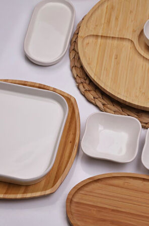 Atbyhome Natural Line 6 Kişilik 22 Parça Seramik ve Bambu Kahvaltı Takımı Lüks Kahvaltılık Sunum Seti