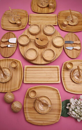 Atbyhome Natural Collection 6 Kişilik 50 Parça Seramik ve Bambu Kahvaltı Takımı Lüks Kahvaltılık Sunum Seti