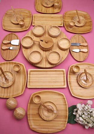 Atbyhome Natural Collection 6 Kişilik 50 Parça Seramik ve Bambu Kahvaltı Takımı Lüks Kahvaltılık Sunum Seti