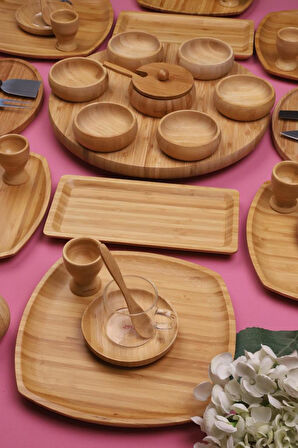 Atbyhome Natural Collection 6 Kişilik 50 Parça Seramik ve Bambu Kahvaltı Takımı Lüks Kahvaltılık Sunum Seti