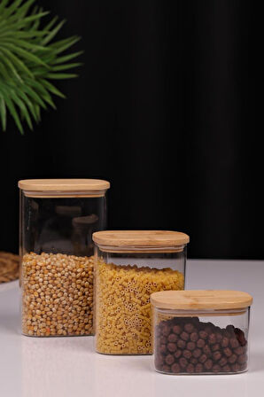 Bambum Multy - Bambu Kapaklı Cam Saklama Kabı 600ml + 1000ml + 1500ml
